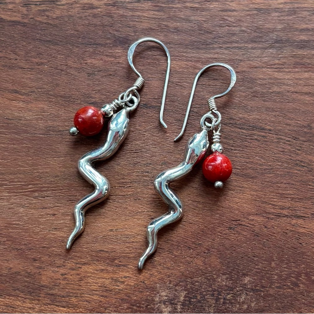 Sterling Silver and Red Coral Snake Earrings